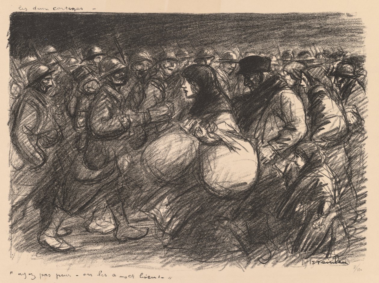 Sketch di guerra: i due cortei (Sketches de guerre: Les deux cortèges - "Ayez pas peur - on les a - et bien!") da Théophile Alexandre Steinlen
