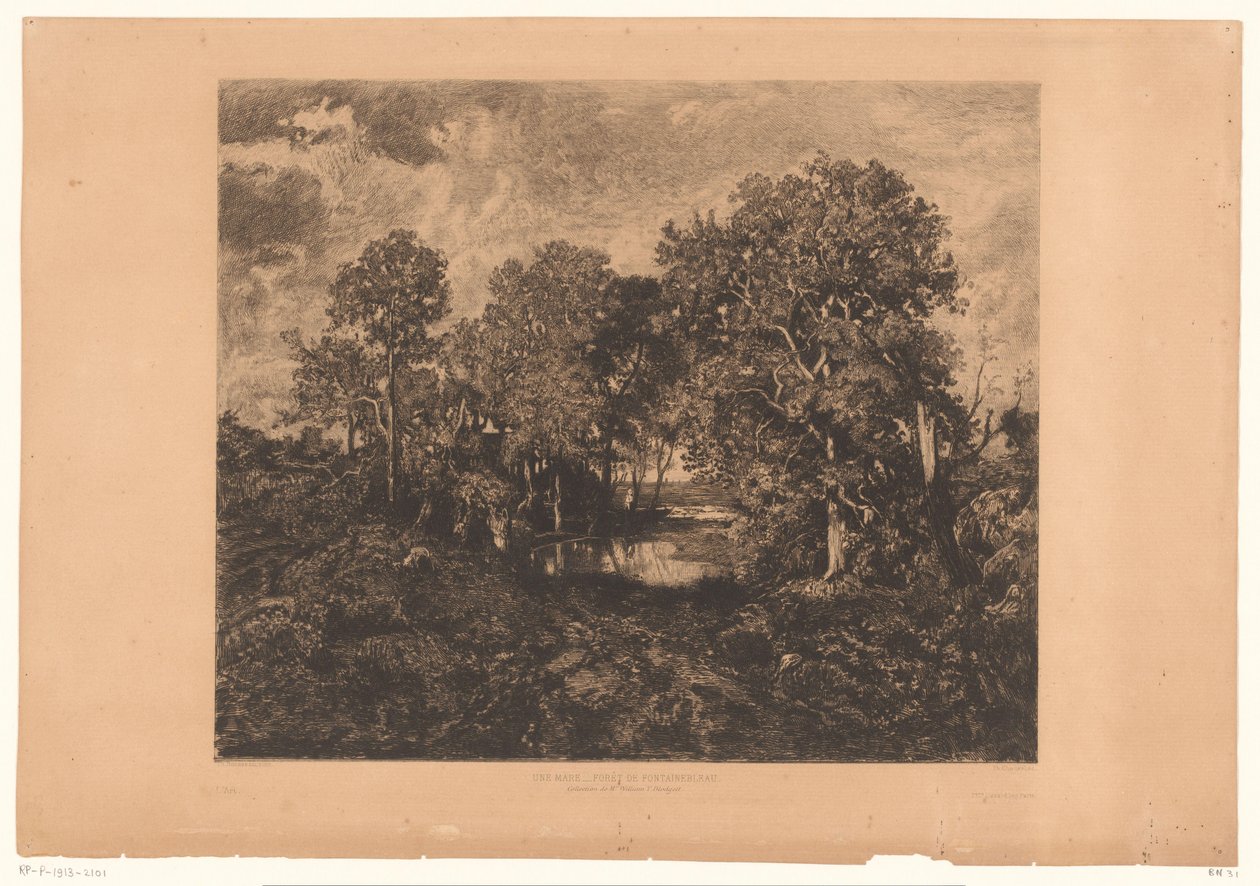 Veduta della foresta di Fontainebleau con una figura vicino a uno stagno da Théophile Chauvel