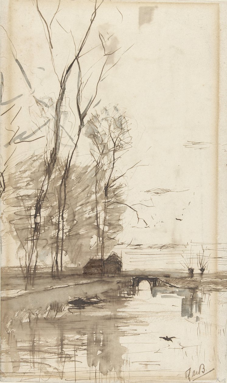 Veduta del canale con alberi alti, una fattoria e un ponte da Théophile de Bock (possibly)
