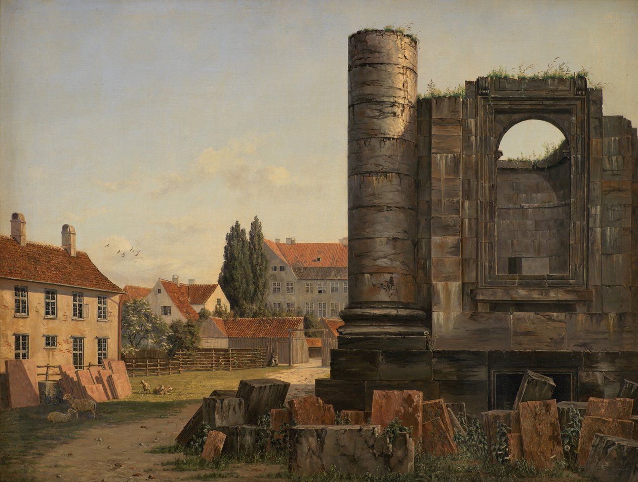Veduta di Marmorpladsen con le rovine della Chiesa incompiuta di Federico a Copenaghen da Thorald Læssøe