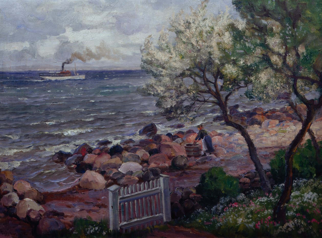 Paesaggio estivo con cancello del giardino e donna da Thorolf Holmboe