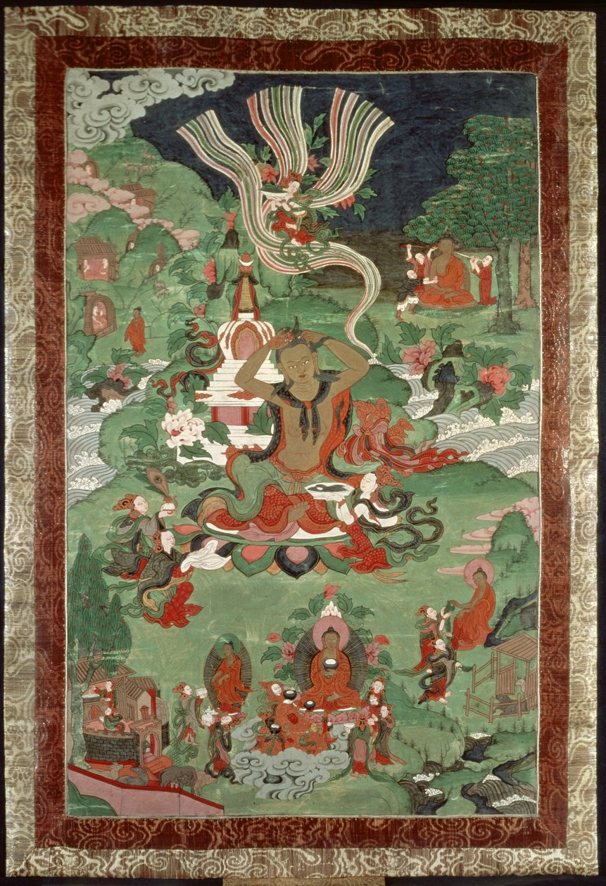 Buddha che taglia un ciuffo di capelli, stendardo del tempio tibetano da Tibetan School