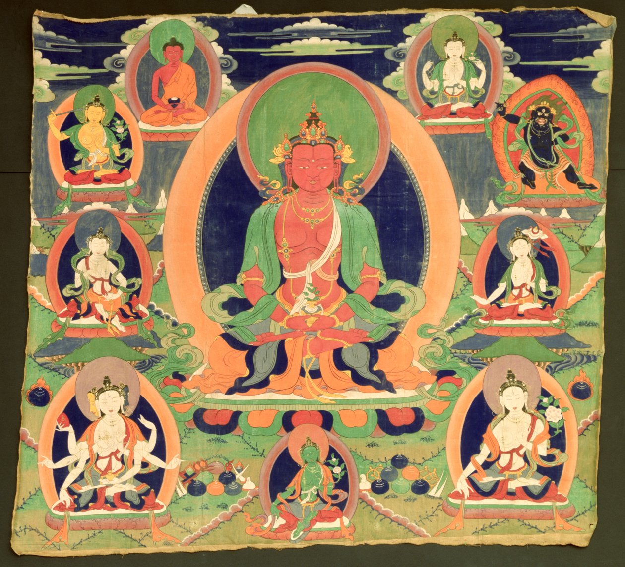 Dipinto Thangka che mostra Amitayus da Tibetan School