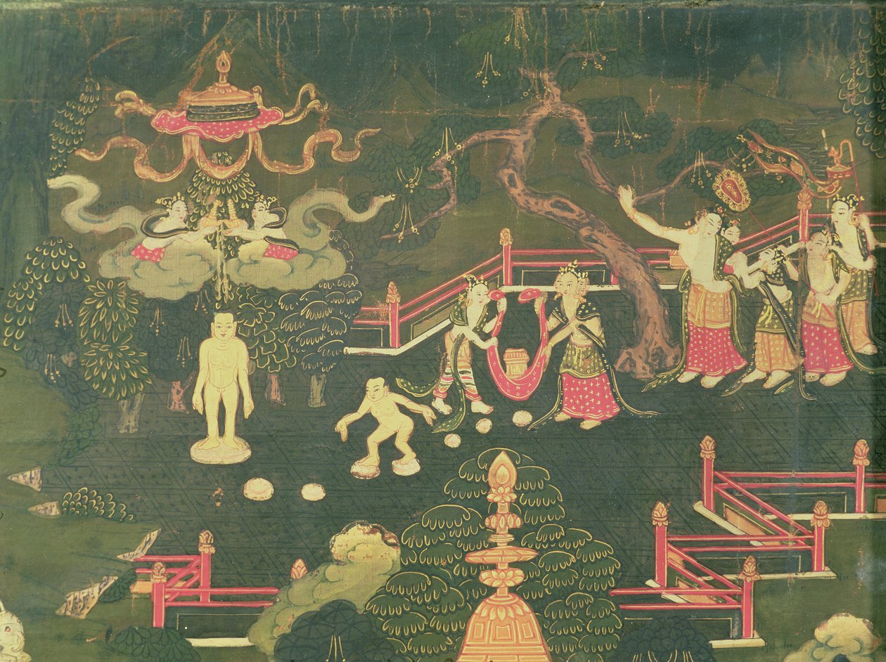 La vita di Buddha Shakyamuni, dettaglio della sua infanzia da Tibetan School