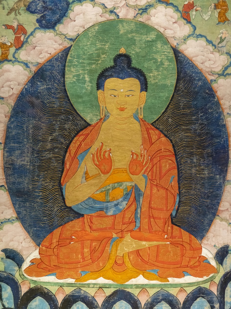 Buddha e tre Jakata: Mahakapi, Ruru, Shaabhamiga da Tibetan School