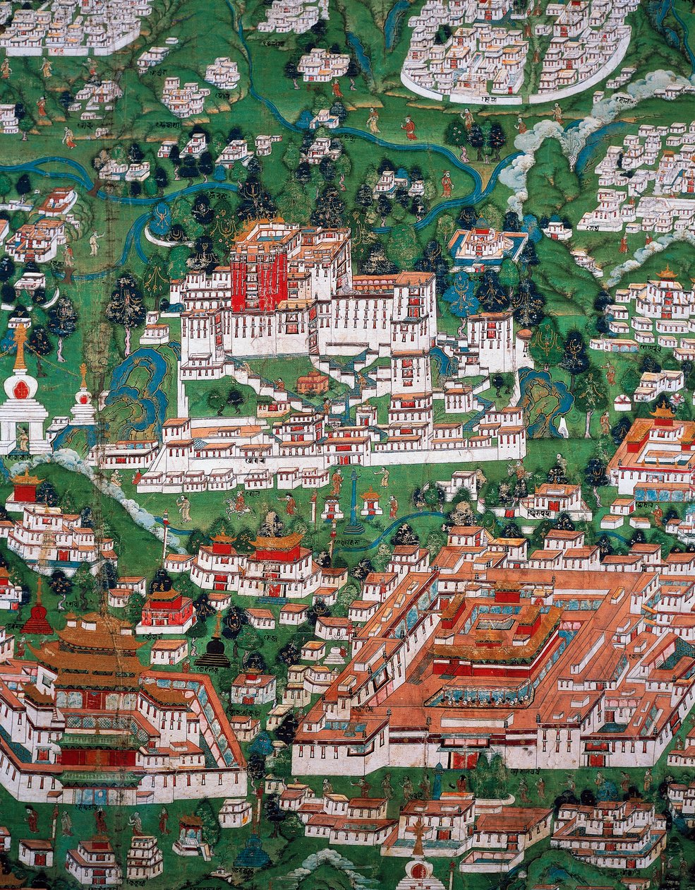 La città di Lhasa e il Potala, incisione colorata da Tibetan School