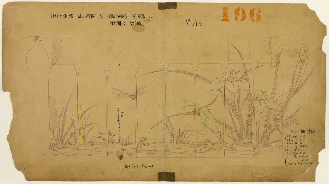 Martellatura, montaggio e disegno di incisione per brocca n. 5051 da Tiffany and Company