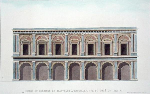 Residenza del Cardinale de Granvelle (1517-86), Bruxelles, vista dal giardino, da Choix des Monuments, Edifices et Maisons les plus remarquables du Royaume des Pays-Bas di Pierre Jacques Goetghebuer, pubblicato 1827 da Tilman Francois (after) Suys