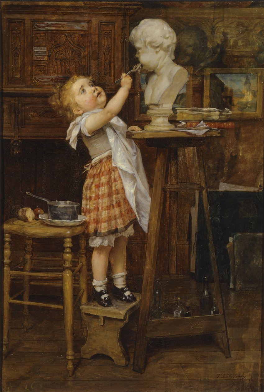 Giovane ragazza che nutre una statua da Timoleon Marie Lobrichon