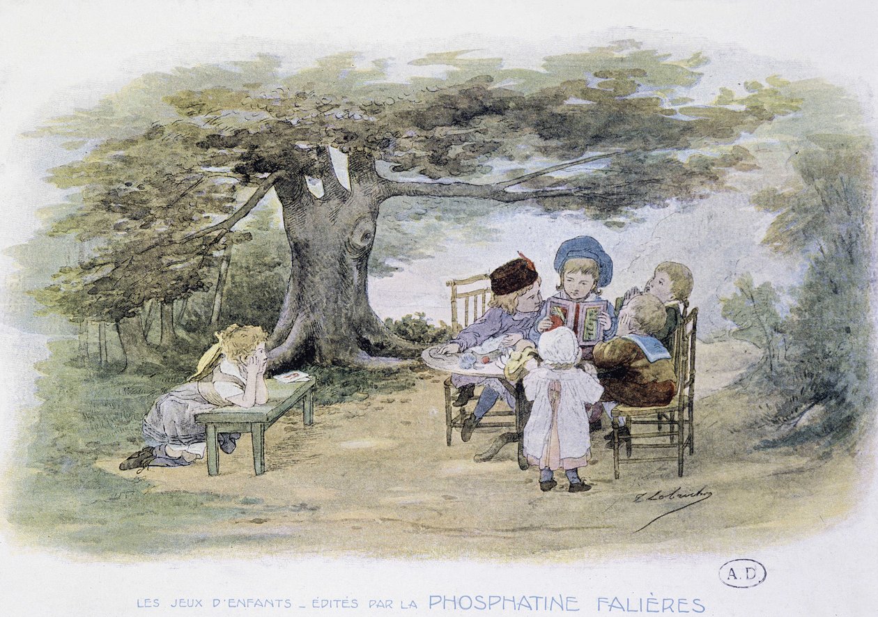 Giochi per bambini: lettura di un libro - dis. di Lobrichon, ed. da Phosphatine Falières, ca. 1920 da Timoleon Marie Lobrichon