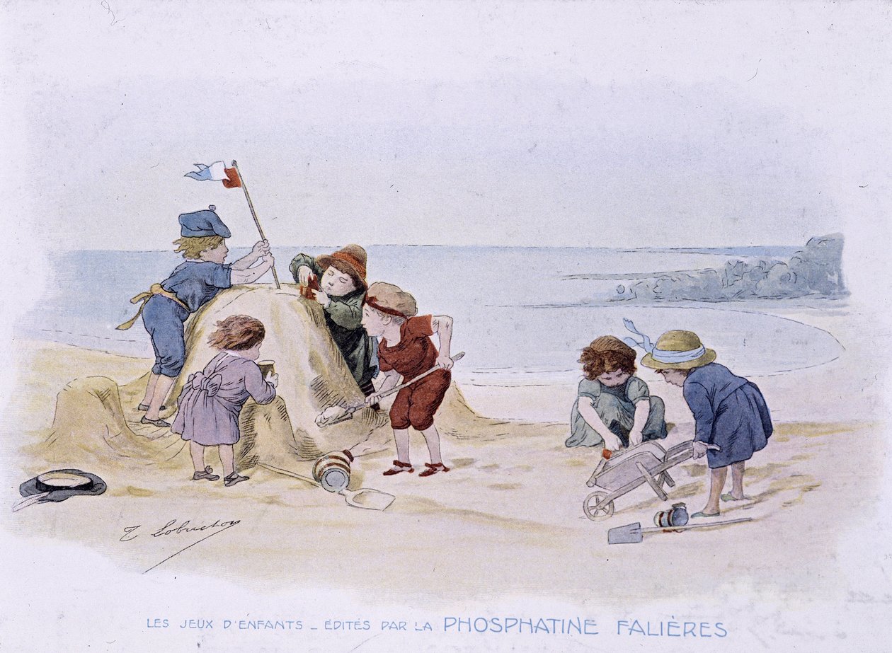 Giochi dei bambini: bambini che costruiscono un castello di sabbia - dis. di Lobrichon, ed. da Phosphatine Falières, circa 1920 da Timoleon Marie Lobrichon