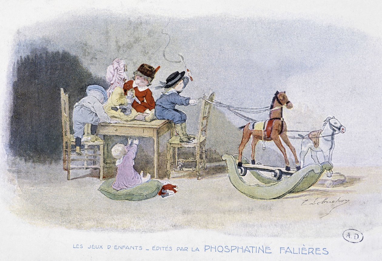 Giochi per bambini: cavalli a dondolo - dis. di Lobrichon, ed. da Phosphatine Falières, ca. 1920 da Timoleon Marie Lobrichon