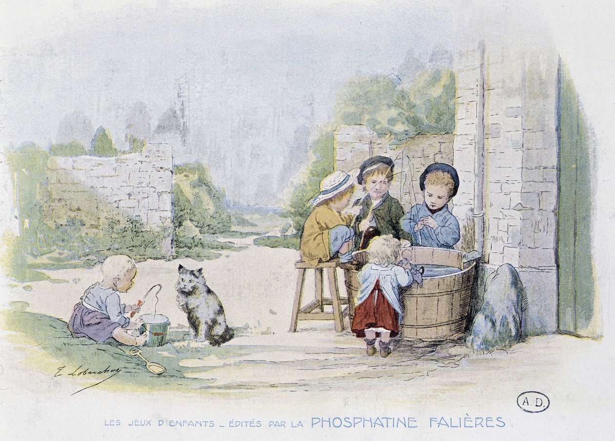 Giochi per bambini: il gioco della pesca in un secchio - dis. di Lobrichon, ed. da Phosphatine Falières, ca. 1920 da Timoleon Marie Lobrichon
