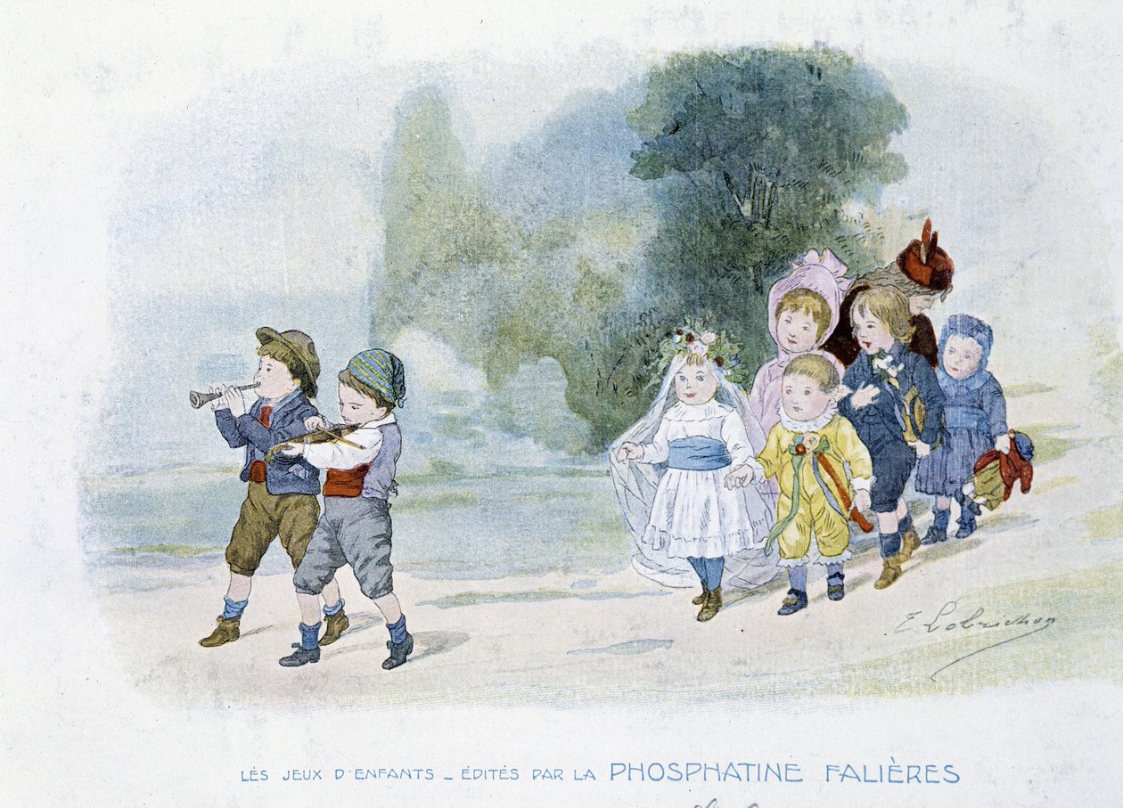 Giochi per bambini: corteo nuziale, bambini travestiti da spose - dis. di Lobrichon, ed. da Phosphatine Falières, circa 1920 da Timoleon Marie Lobrichon