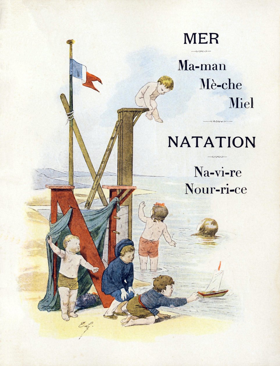 Lettere M e N che rappresentano bambini in spiaggia, fine XIX secolo da Timoleon Marie Lobrichon