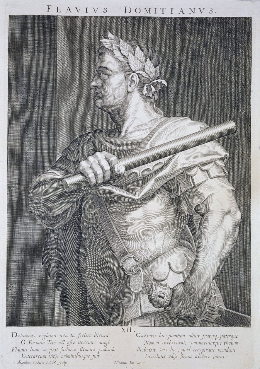 Flavio Domiziano (AD 51 - AD 96) Imperatore di Roma 81-96 AD inciso da Aegidius Sadeler (1570-1629) da Tiziano Vecelli