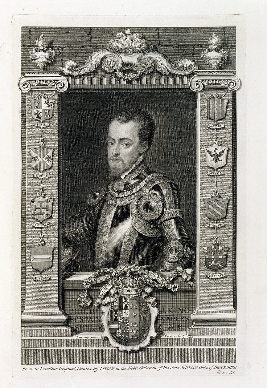 Filippo II (1527-98) Re di Spagna dal 1556, inciso da George Vertue (1684-1756) 1735 da Tiziano Vecelli