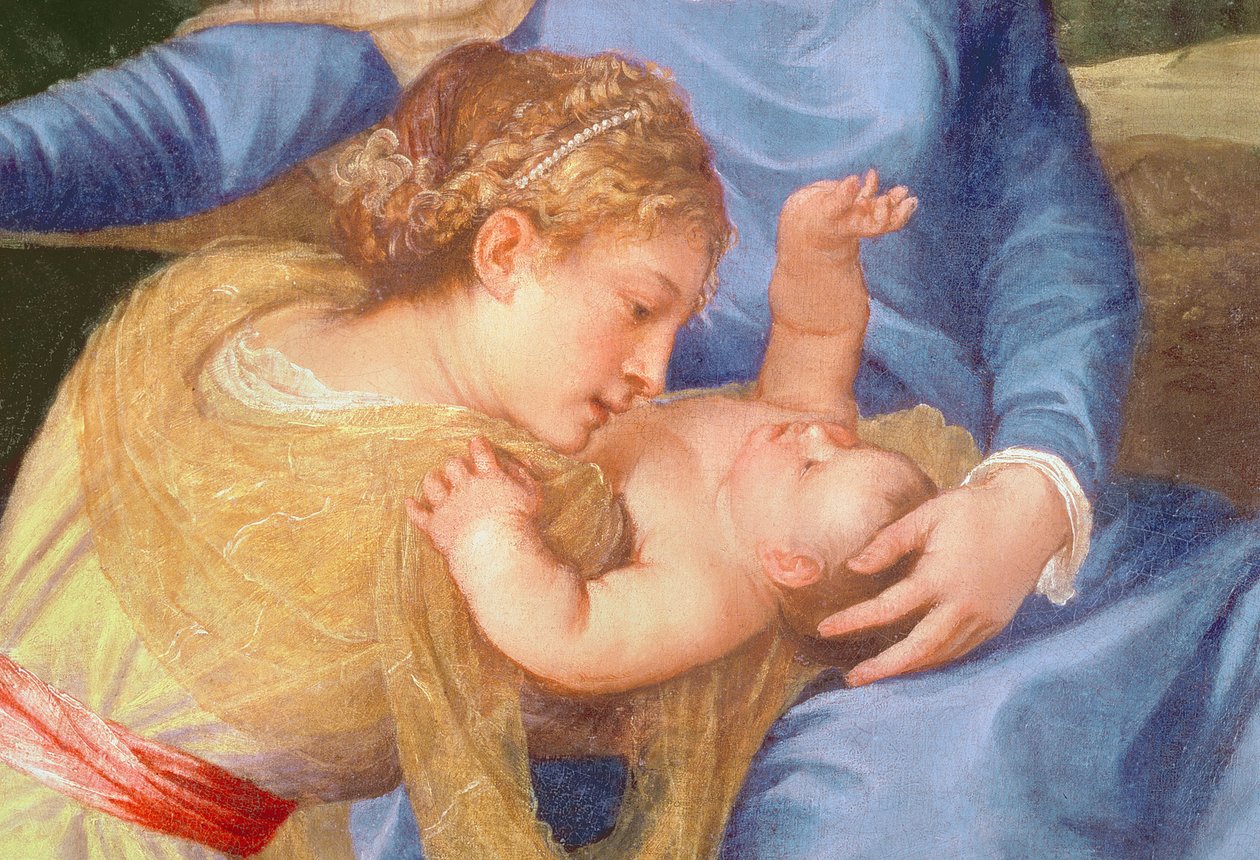 La Vergine e il Bambino con San Giovanni Battista e una Santa, dettaglio della Vergine, Bambino e santa, c.1530-35 da Tiziano Vecelli
