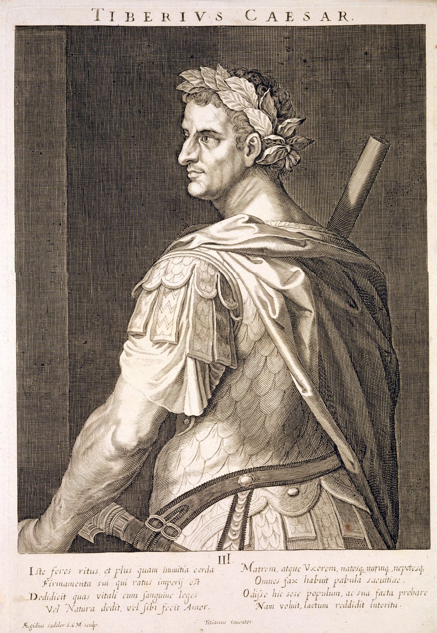 Tiberio Cesare (10 a.C. - 54 d.C.) Imperatore di Roma 14-37 d.C. inciso da Aegidius Sadeler da Tiziano Vecelli