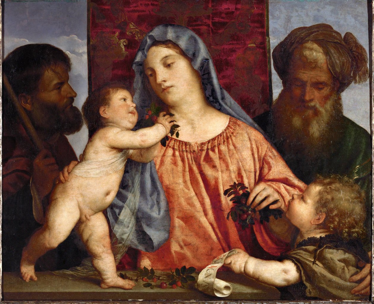 Madonna con ciliegie... (olio su tela) da Titian (c.1488 1576)