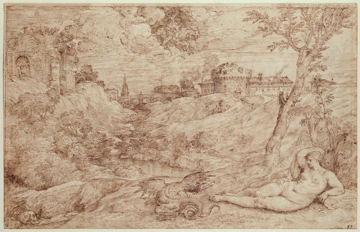 Paesaggio con un drago e una donna nuda che dorme da Tiziano Vecelli