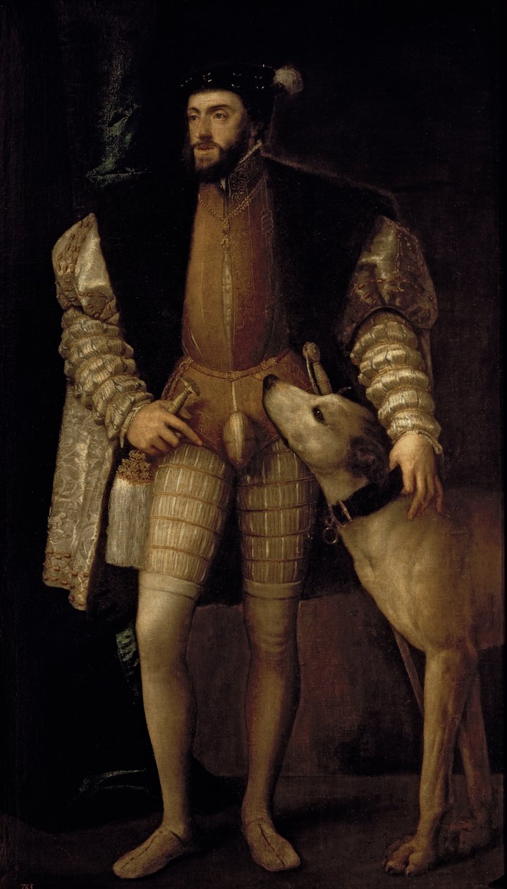 Carlo V, Imperatore del Sacro Romano Impero e Re di Spagna con il suo cane, 1533 da Tiziano Vecelli