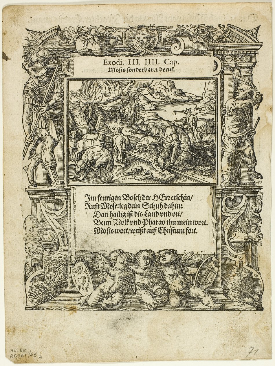 Mosè e il roveto ardente (recto) e Il bambino Mosè messo nel fiume (verso) da Neue künstlerische Figuren biblischer Historien, tavola 55 da xilografie da libri del XVI secolo da Tobias Stimmer