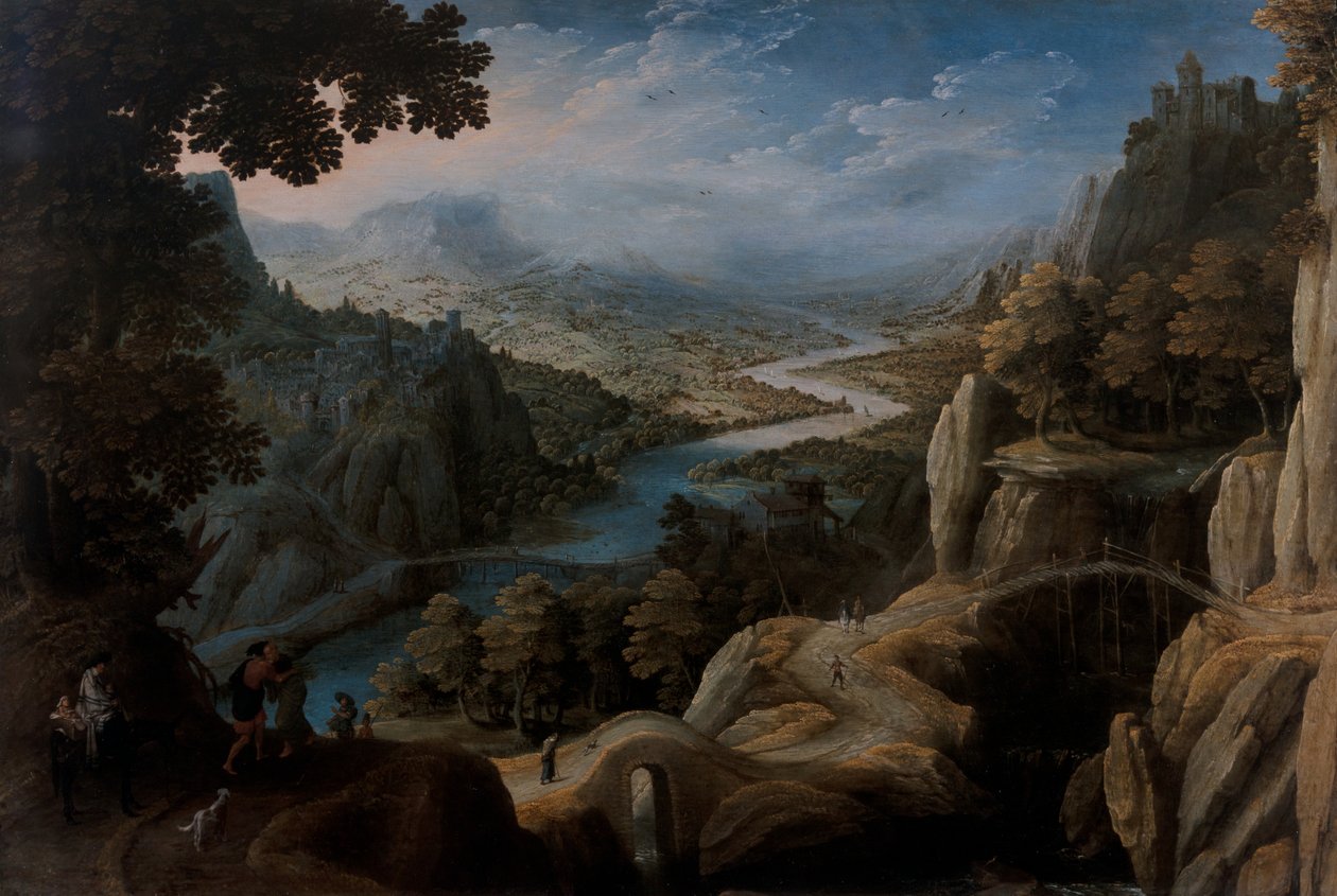 Un ampio paesaggio fluviale montuoso con la riconciliazione di Giacobbe e Labano, una città fortificata su una scogliera oltre da Tobias Verhaecht