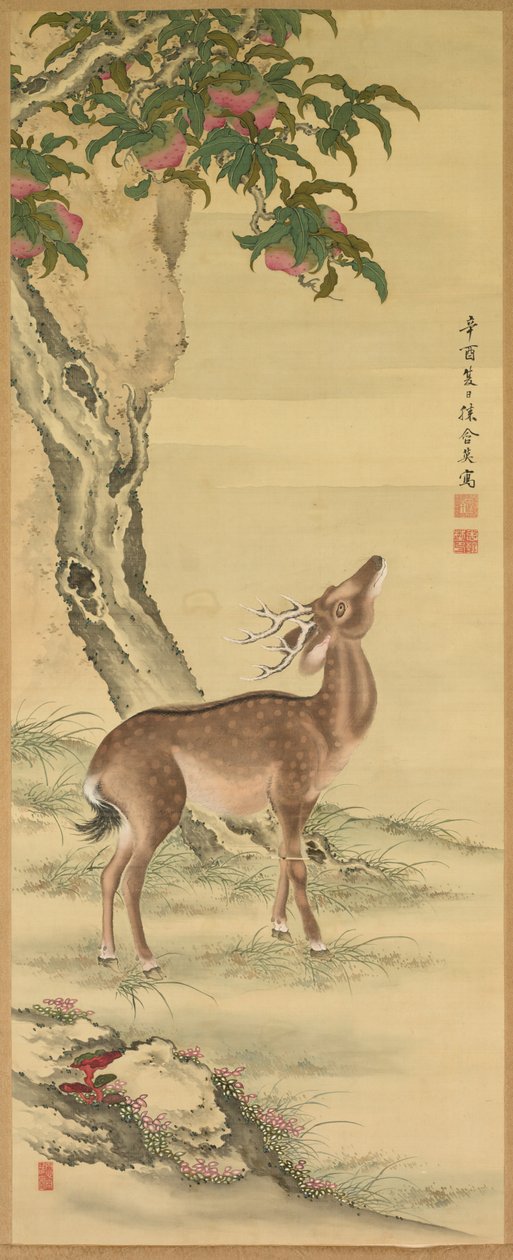 Simboli di longevità: cervo sotto pesca e pino, 1801 da Toda Tadanaka