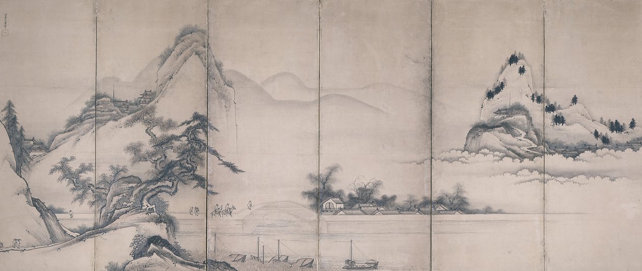 Viaggiatori su un ponte sul lago da Toetsu Toetsu
