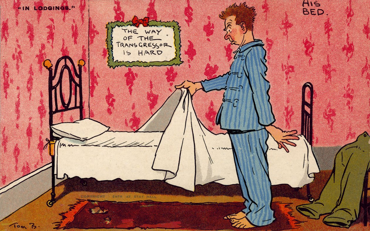 Uomo che contempla il suo scomodo letto singolo (litografia a colori) da Tom Browne