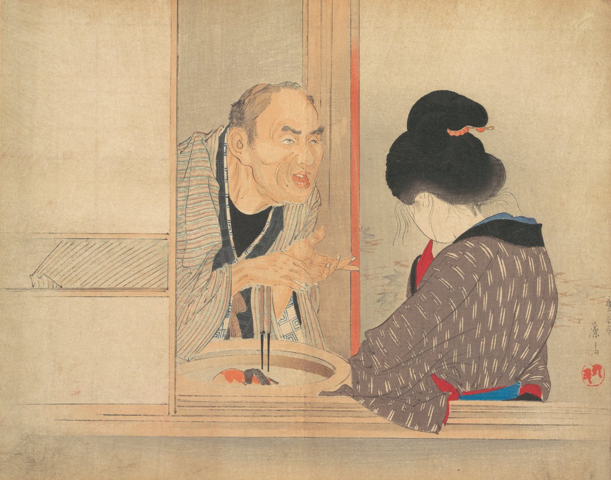 Una Ochiyo che Rimprovera, illustrazione dal Bugei Kurabu Literary Club da Tomioka Eisen