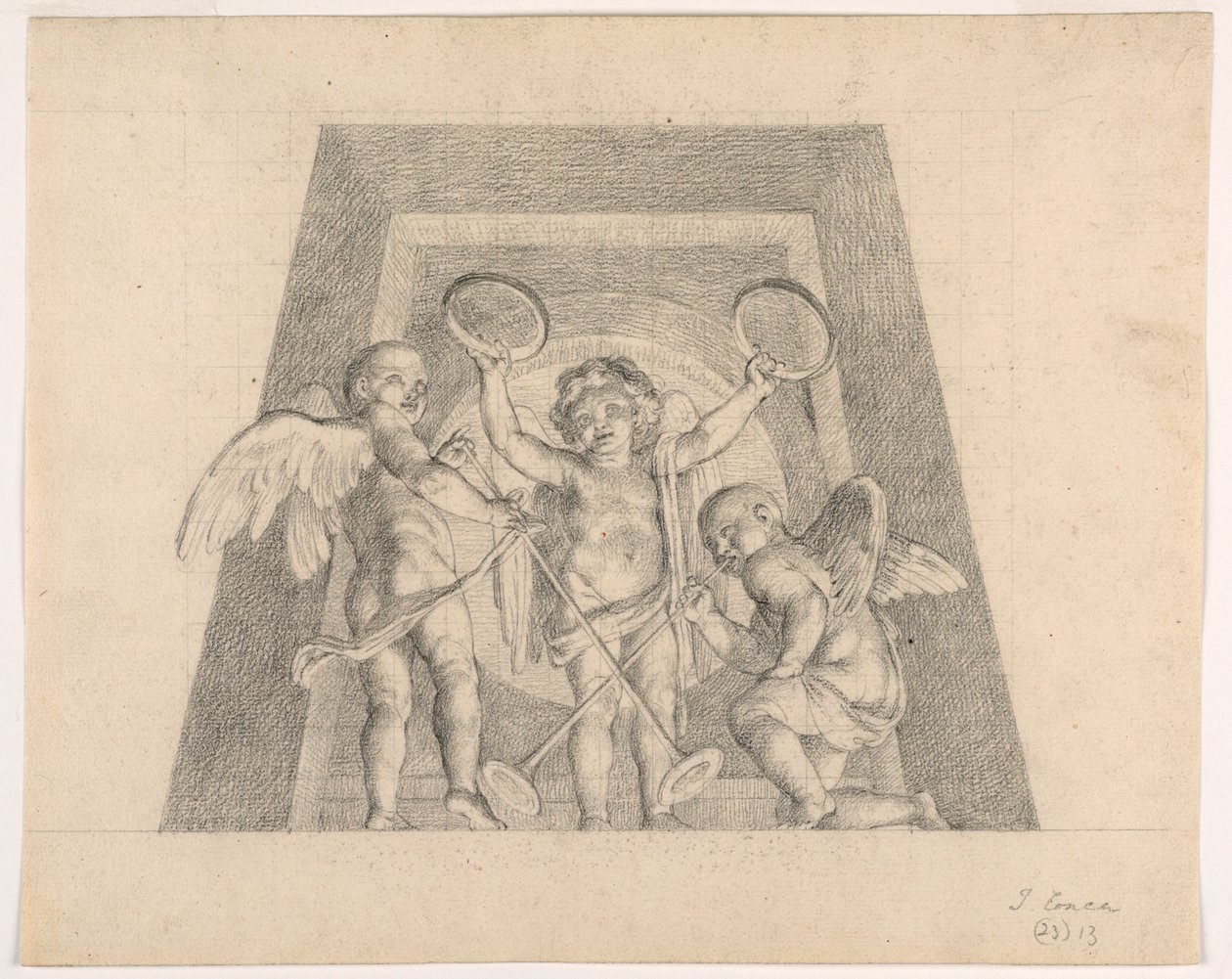 Tre putti con tamburelli e trombe, progetto per lunetta della Sala delle Muse, Museo Pio-Clementino, Vaticano da Tommaso Maria Conca