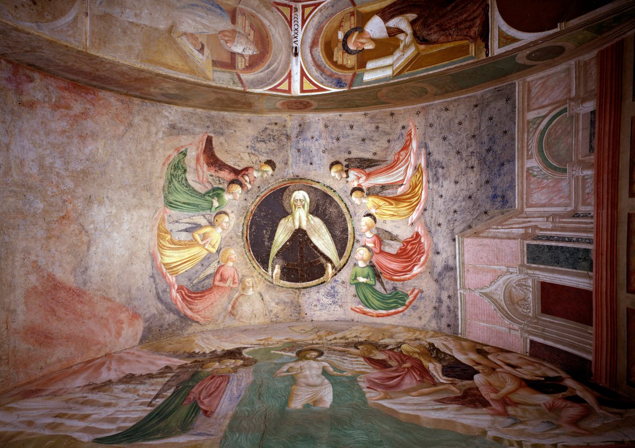 Ciclo di vita di San Giovanni Battista: Dio Padre circondato da angeli, il battesimo di Cristo e San Girolamo nel suo studio da Tommaso Masolino da Panicale