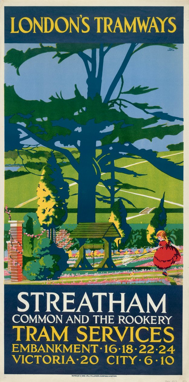 Streatham Common e il Rookery, poster del London County Council LCC Tramways, 1927 da Tony Castle