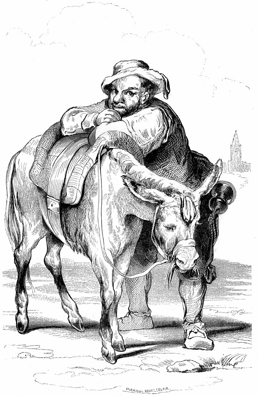 Sancho Panza, scudiero di Don Chisciotte e il suo asino. Illustrazione del romanzo di Cervantes pubblicato in Francia nel 1845 da Dubochet & Cie, traduzione di Louis Viardot, incisioni di Tony Johannot. da Tony Johannot