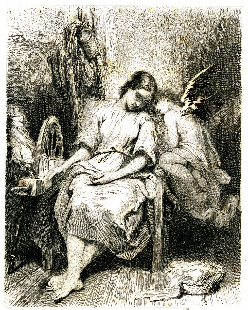 Giovane donna (filatrice) che dorme accanto alla sua ruota - un angioletto si china sulla sua spalla - sonno - sogno - fantasticheria - amore - incisione (acquaforte 1845) di Tony Johannot (Antoine Johannot detto) da Tony Johannot