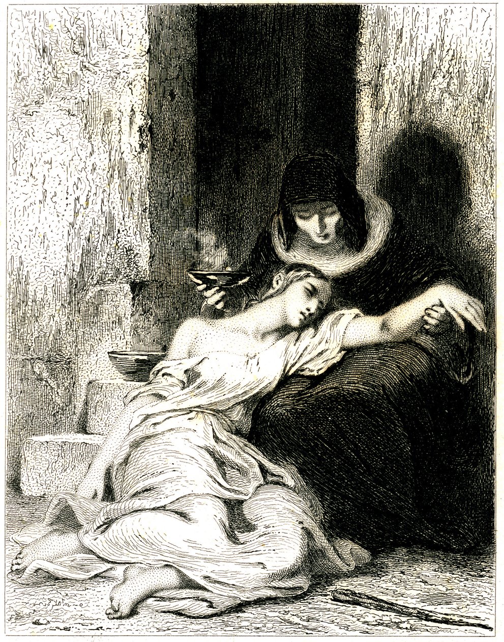 Giovane donna visibilmente sofferente sulle ginocchia di una donna più anziana che le fa prendere una pozione - incisione di Tony Johannot da Tony Johannot