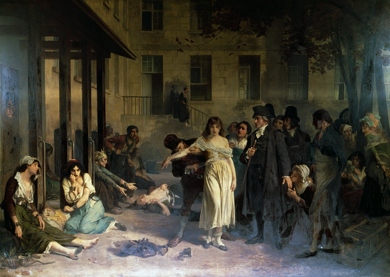 Psichiatra Philippe Pinel (1745-1826) che libera i pazzi dalle loro catene all