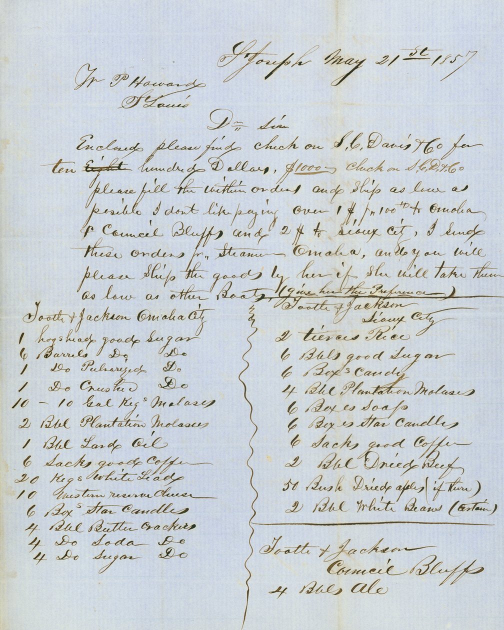 Lettera firmata Tootle & Jackson, Council Bluffs, a W.P. Howard, St. Louis, 21 maggio 1857 da Tootle and Jackson