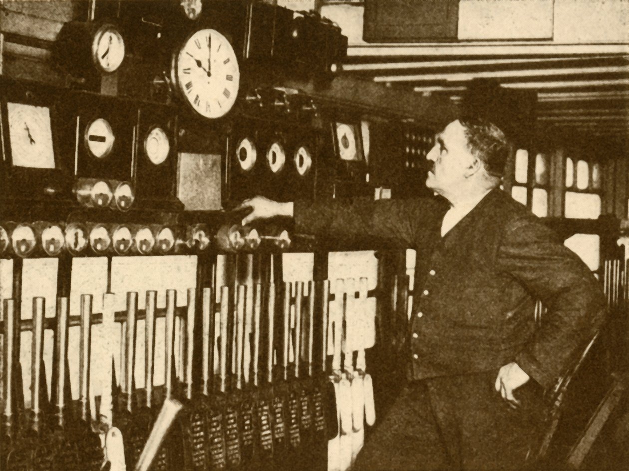 Registrazione del segnale orario giornaliero alla stazione di Liverpool Street, London and North Eastern Railway da Topical Press Agency