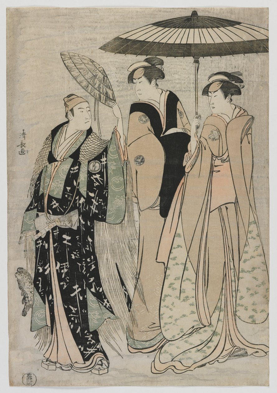 Gli attori Sujuro III come Minamoto no Yoritomo, Nakamura Riko come Kiyotaki, Yamashita Mangiku come Masa, periodo Edo, 1784 da Torii Kiyonaga