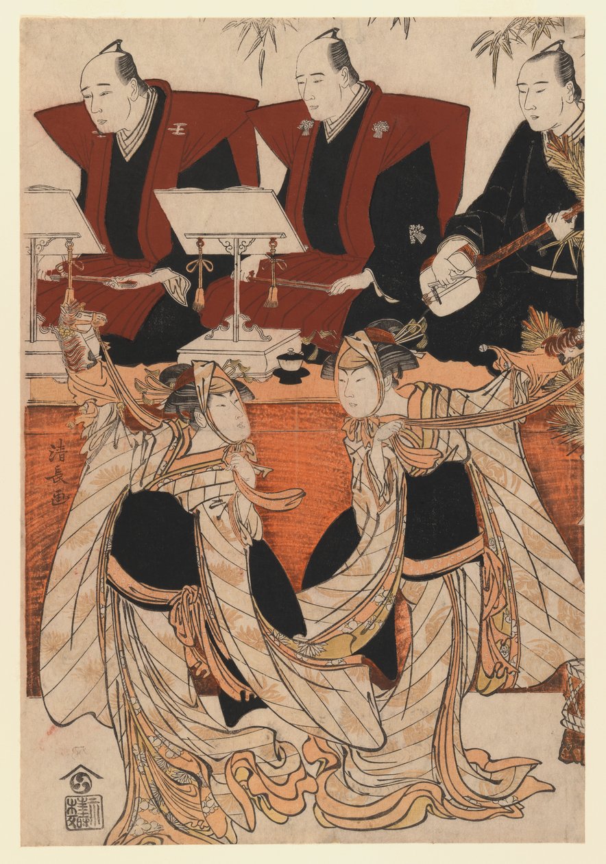 Due attori come Iwai Hanshiro IV e Segawa Kikunojo III nella danza Karukoma, accompagnati dalla recitazione Joruri, c.1783 da Torii Kiyonaga
