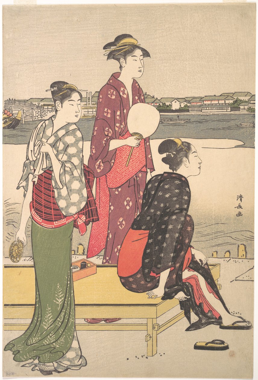 Stampa a colori di ukiyo-e di tre bellezze di Torii Kiyonaga da Torii Kiyonaga