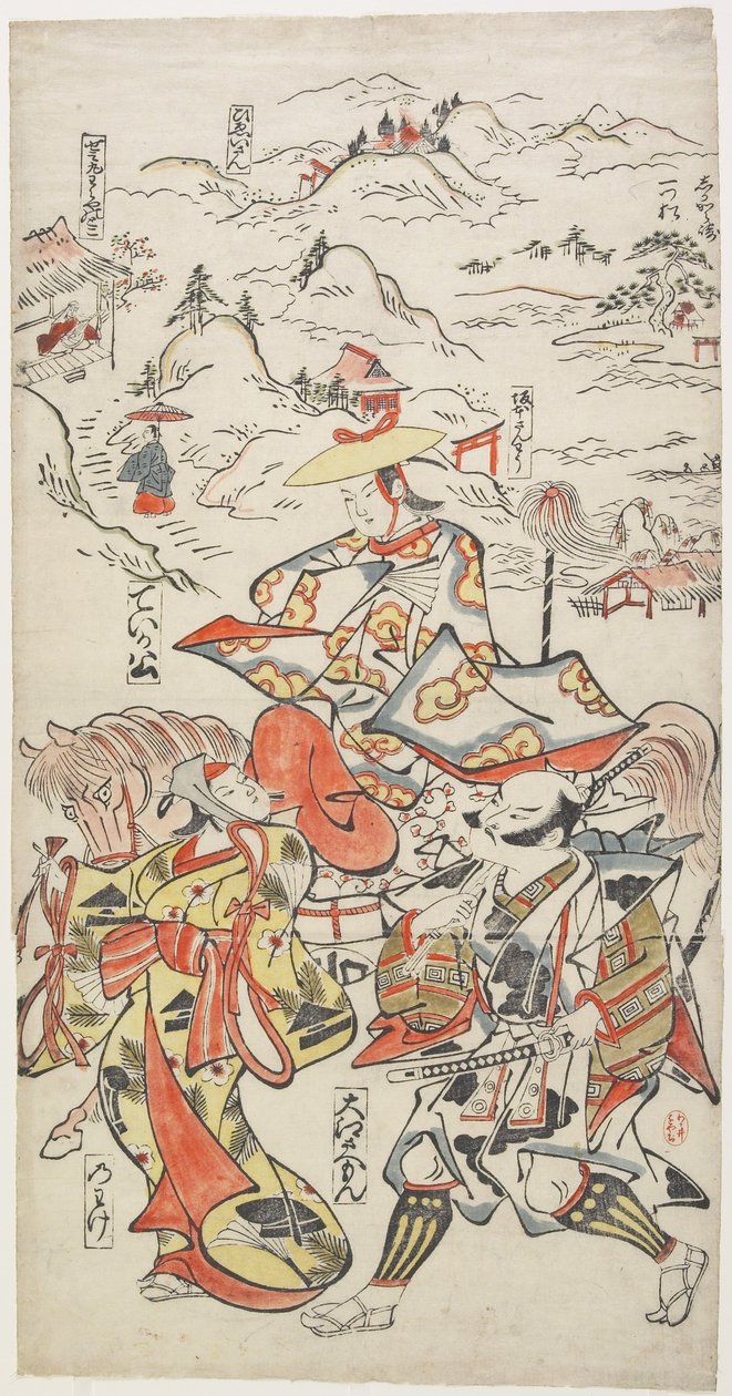 Fujiwara no Teika a Cavallo Accompagnato da O_e Saemon e La Donna Nowake, c. 1710 da Torii Kiyomasu II