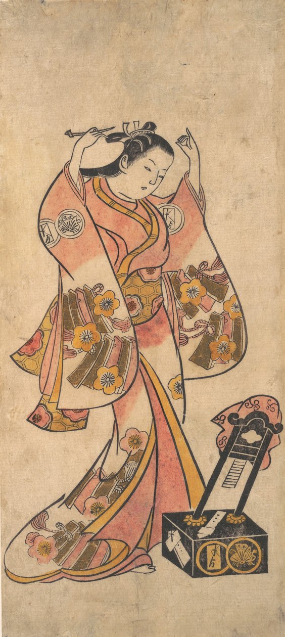 Sanjo Kantaro come una donna che si sistema i capelli davanti a uno specchio laccato, prima del 1763 da Torii Kiyomasu II.
