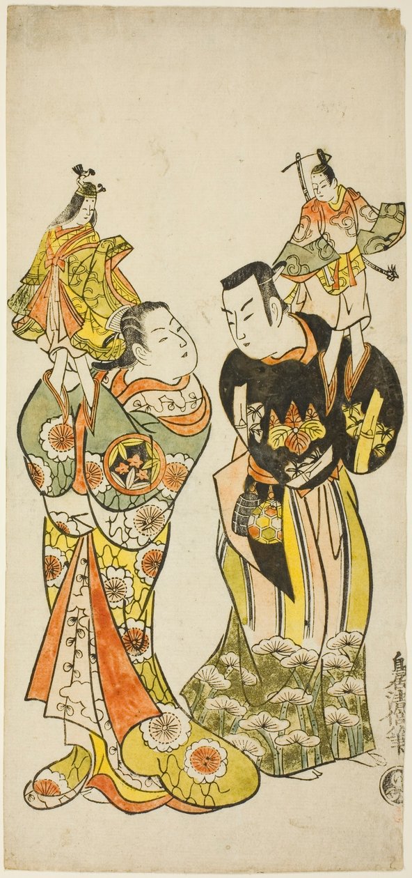 Gli attori Yamashita Kinsaku I e Hayakawa Hatsuse come burattinai nella commedia "Diario tenuto durante un viaggio per mare a Izu" ("Funadama Izu Nikki"), rappresentata al Teatro Nakamura nel primo mese, 1725 da Torii Kiyomasu II