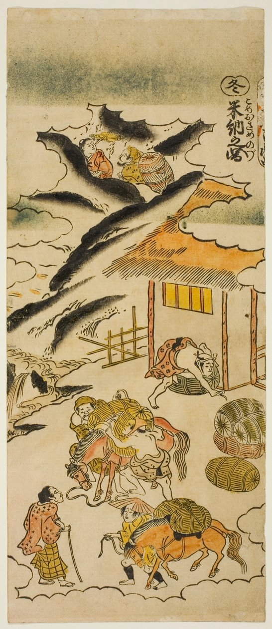 Inverno: Conservazione del riso (Fuyu: kome osame no zu), No. 4 dalla serie "Le quattro stagioni dei contadini (Shiki no hyakusho)" da Torii Kiyomasu II