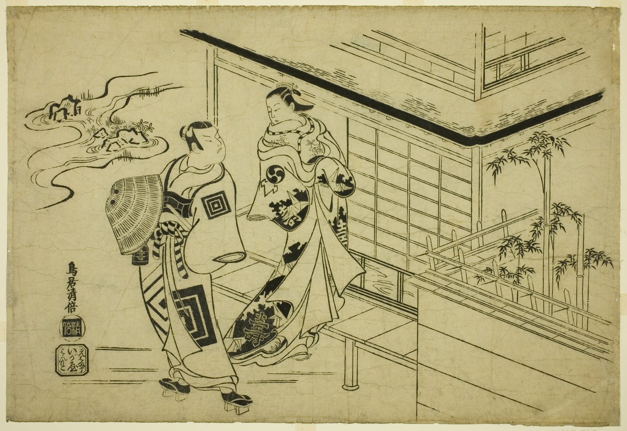 Gli attori Nakamura Takesaburo I come Kewaizaka no Shosho e Ichikawa Danjuro II come Soga no Goro nella commedia "Bando Ichi Kotobuki Soga," rappresentata al Teatro Nakamura nel primo mese, 1715 da Torii Kiyomasu I