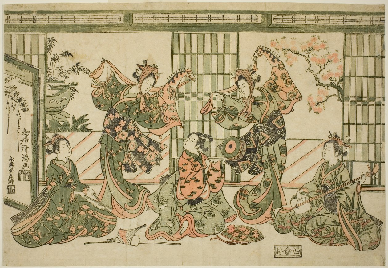 Animatori che si esibiscono nella danza del cavallo da tiro da Torii Kiyomitsu I